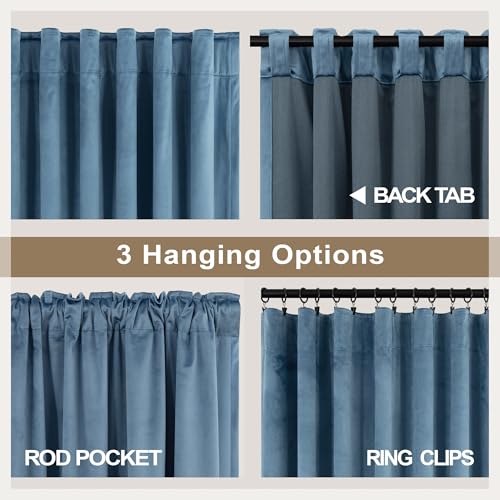Image of Pitalk Light Blue Velvet Curtains 63 Inch Length for Boys Bedroom Kids Nursery Coastal Elegant Decor Texture Room Darkening Thermal Stone Vintage Blue Curtain for Office Kitchen Study Room 2 Panel Set