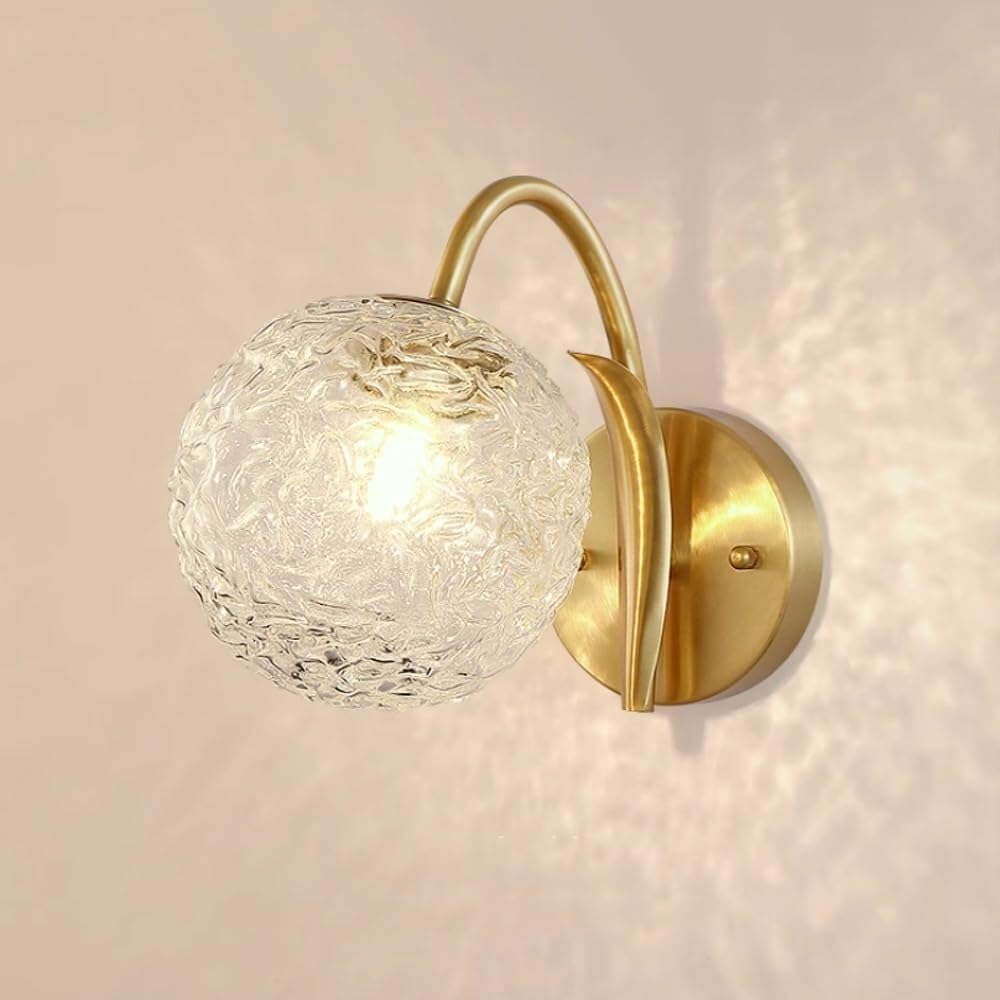 HUAYUSEDF Modern Brass Wall Sconces,American Retro Indoor Lighting Fixture,Simple Spherical Water Pattern Glass Lampshade Lamp for Bedroom Living Room Balcony Hallway 1-Light,G9 Base