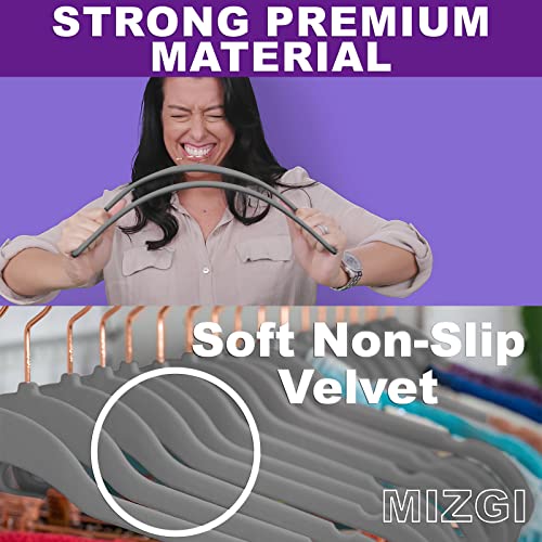 Image of MIZGI Premium Velvet Hangers (50 Pack) Heavy Duty Non Slip Felt Hangers Gray,Rose Gold 360 Degree Swivel Hooks,Space Saving Clothes Hangers,Durable Strong Hangers for Suits,Coats,Pants & Dress