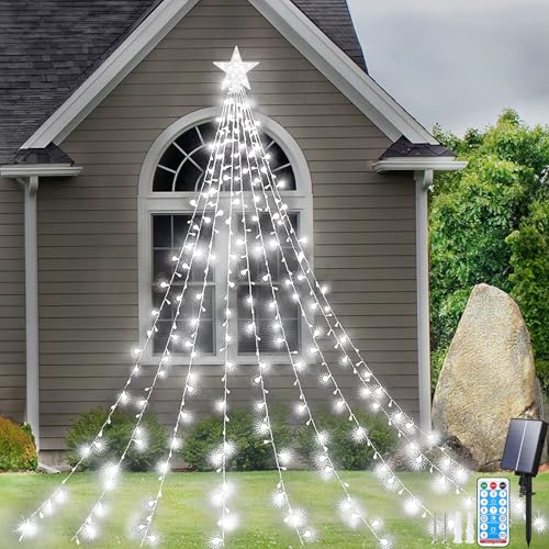 Aofonchy Luces Solares para Árbol de Navidad, 2M*9 Cascada Impermeable Con 8 Modos & 198LED, Guirnalda de Hadas para Fiesta y Jardín