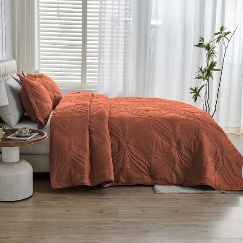 Image of Kingnex Oversized King Bedspreads 128x120 Ultrasonic Quilted Baked Clay | Extra Wide Coverlet for Tall Split King Adjustable Bed or Cal King Size, 3 Piece Include 1 Quilt, 2 King Size Pillowcases