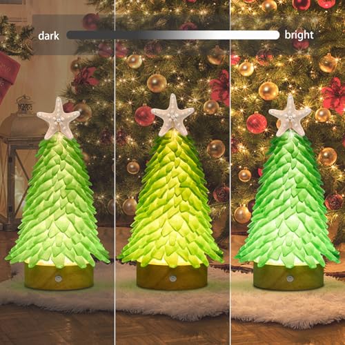 Sea Glass Christmas Tree,8.6 inches Mini Christmas Tree with Lights,Beach Nautical Themed Seaglass Christmas Tree for Table top,Decorations Indoor, Green Tree