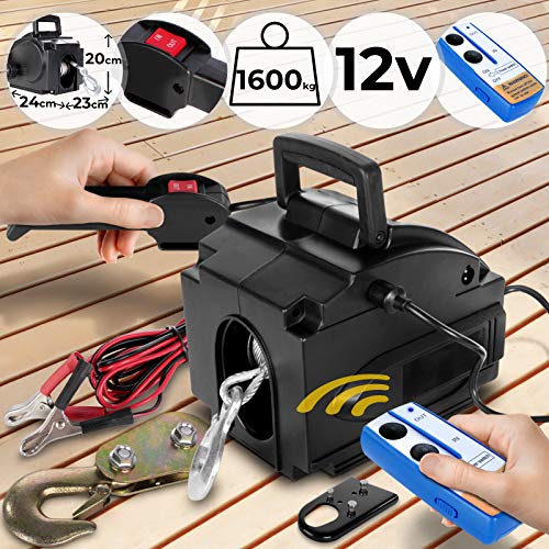 Preisvergleich Produktbild Elektrische Seilwinde - 12V, Max. Zuglast 1600 Kg, 9m Stahlseil, Robust Befestigungshaken, Funk- und Kabelfernbedienung, Vor- und Rücklauffunktion - Seilzug, Bootswinde, Motorwinde