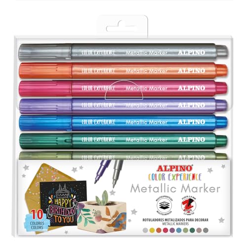 Alpino Estuche 10 rotuladores metalizados |Metallic Marker | Para decorar diferentes superficies | Punta 2,9mm |Permanente en superficies porosas y removible en superficies lisas