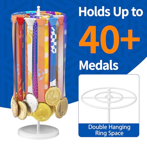 Image of Medal Holder Display Trophy Shelf Organizer, Sturdy Wooden Race Award Hanger Rack with 25 Steel Hooks, Wall Mount Storage Stand for Sports Fans, Cheer Success