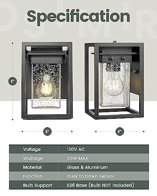 Porch Lights Outdoor, Dusk to Dawn Outdoor Lighting with Seed Glass in Black Finish, Aluminum Exterior Lights for House, OS-3006