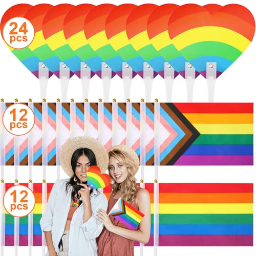 MOUNTCLIM Pride Accessories, 48 PCS Gay Pride Rainbow Stuffs- Small LGBTQ Pride Heart Hand Fans and Mini Pride Flags for LGBT Month Lesbian Party Favor Pride Parade Party Decorations Supplies