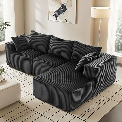 WorthFurni Cloud Modular Sofa Couch with L-Shape Chaise,Modern Sectional with Deep Seat, Upholstered Couches for Living Room Bedroom,No Assembly Required, Plush Corduroy Fabric 102'(Black)