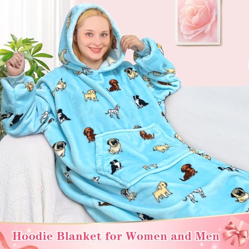 Image of Waitu Wearable Blanket Sweatshirt Gifts for Women and Men, Warm and Cozy Giant Blanket Hoodie, Thick Flannel Blanket with Sleeves and Giant Pocket - Light Blue