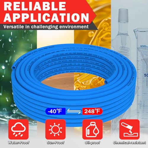 Image of CheeMuii 100 FT 1 /4 inch DOT Air Line Blue 1 /4 PA12 Nylon Pneumatic Tubing 30.5 Meter 1 /4 Inch OD Pneumatic Air Tubing Pipe Hose Line for Semi Truck Trailer or Industrial Air System
