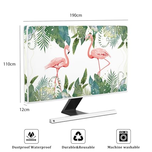 Image of Tropical Flamingo Waterproof Screen TV Cover 80 Inch Palm Leaves Weatherproof Dust-Proof Anti-Scratch Protective Television Cover for Desktop and Home Hanging TV，Green and Pink