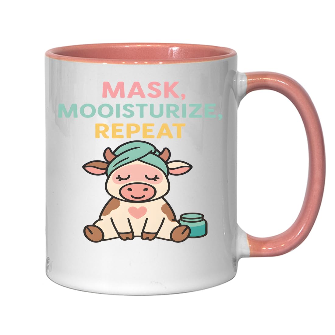 Maska Mooisturize Repeat zabawna krowa gra słów ceramiczny kubek do herbaty kawy różowy