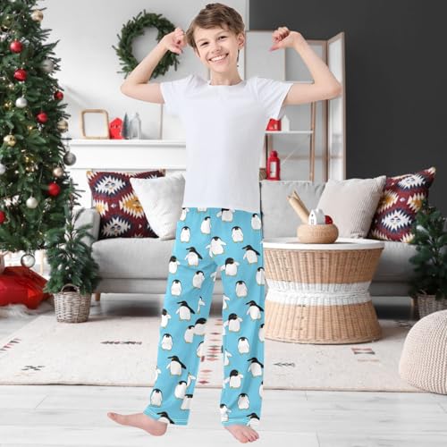 Boy's Pj Pants Cartoon Penguin Design on Blue Lounge Bottoms Elastic Kids Sweatpants Joggers with Pockets Size 6-142