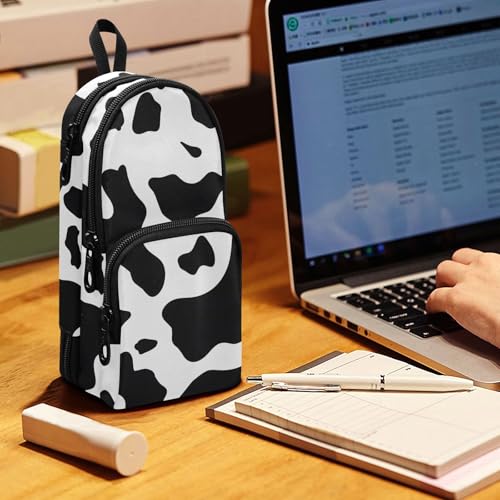 Image of Black Cow Skin Pencil Case Big Capacity Pen Bag with Compartment Students Schoolbag Shape Stationery Organizer Pencil Pouch Marker Case for School Office Work