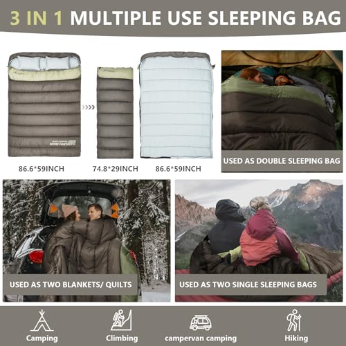 Image of BISINNA Double Sleepinag Bag for Adults Two Person Queen Size Camping Sleeping Bag for All Season Backpacking Hiking Cold Weather with Compression Sack