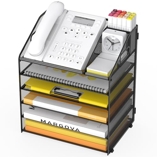 OrgMate Letter Tray Paper, 5 Tier Desk Organizer with Pen Holder and Handle, Mesh File Organizer Paper Sorter Metal Desktop Document Shelf for Office Home Classroom - Black
