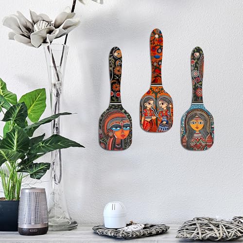 Image of Artvibes Madhubani Women Portrait Spatula Shape Wooden Wall Hanging | Madhubani Wall Paintings | Wall Accent | Gift Items | Aesthetic Wooden Decor | Ethnic Wall Decor (WH 11001N), Set of 3