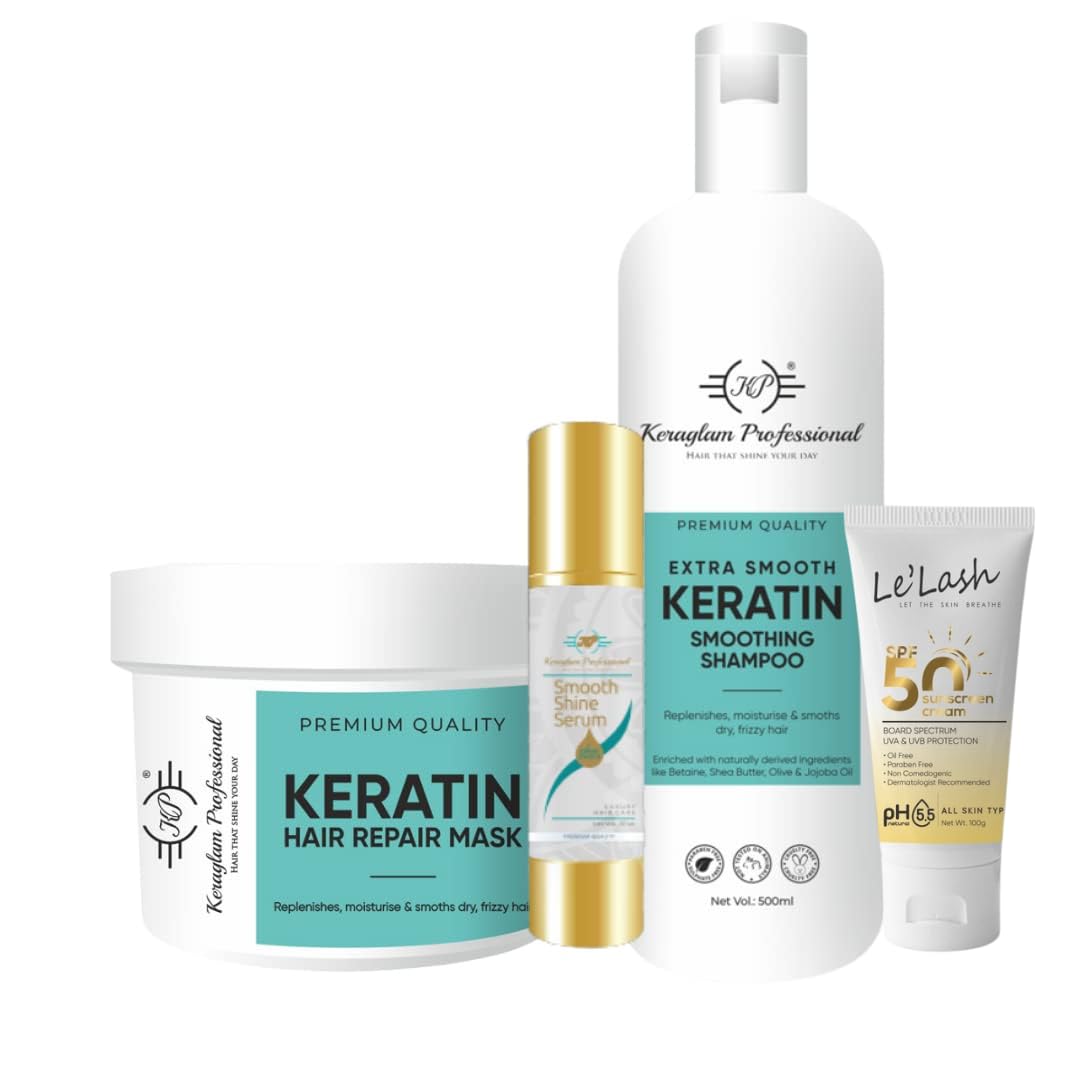 Keratin Smoothing Shampoo, Hair Care Mask, Hair Serum & SPF 50 Sunscreen Cream