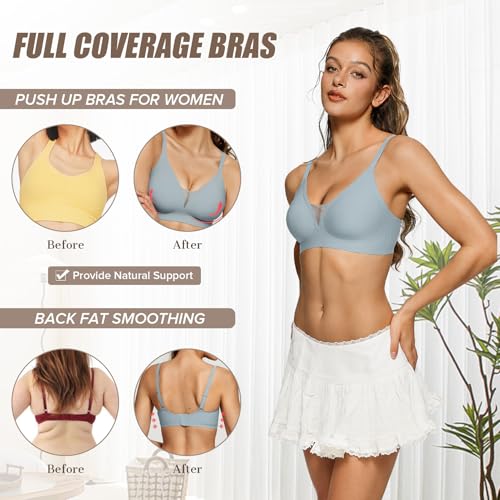 Image of OEAK Womens Comfortable Bras Wireless Bras Push Up Bralettes Scalloped Mesh Bras Seamless Tshirts Bras Deep V Everyday Bras