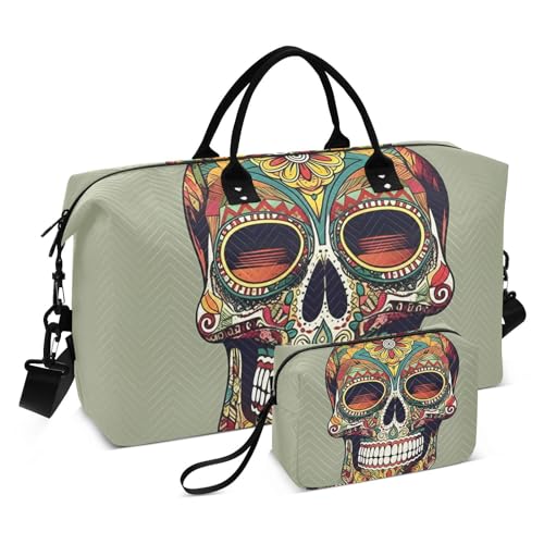 Large Travel Duffel Bag, Colorful Mexican Skull Sports Tote Gym Bag, Shoulder Weekender Overnight Bag for Women Men, Carry On Luggage with Toiletry Bags