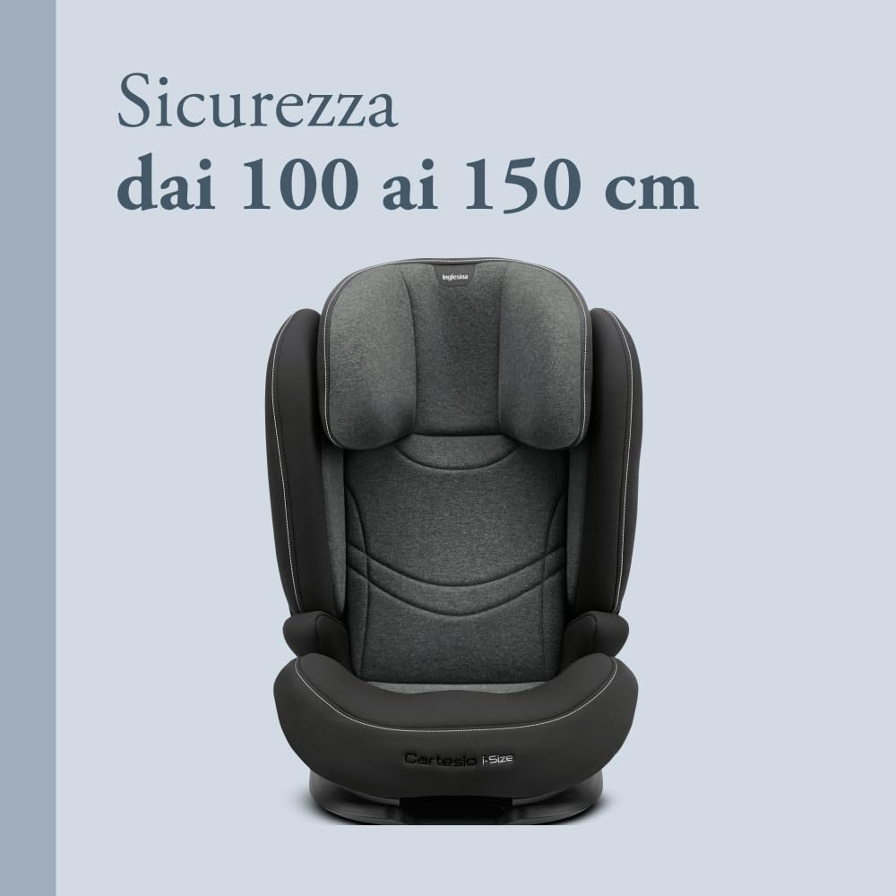 Inglesina Cartesio i-Size Seggiolino Auto, Isofix, per Bambini da 3 a 12 Anni circa, dai 100 ai 150 cm, Vulcan Black