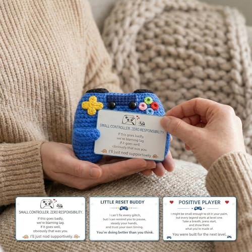 Blue Game Controller Plush – Handmade Crochet Gaming Buddy with 3 Inspirational Message Cards – Motivational Gift for Gamers, Teens & Adults – Cute Desk Decor for Video Game Lovers - Image 5