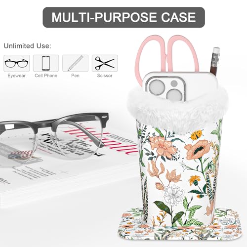 Image of Eyeglasses Holder,Plush Lined PU Leather Pattern Stand Case with Magnetic Base, Unisex for Women Men, Colorful Small Flowers