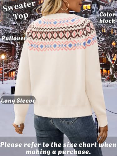 Fair Isle Pullover Sweaters, Crew Neck Chunky Knit, Winter Clothing Holiday, Vintage Crochet Fall Tops for Women3
