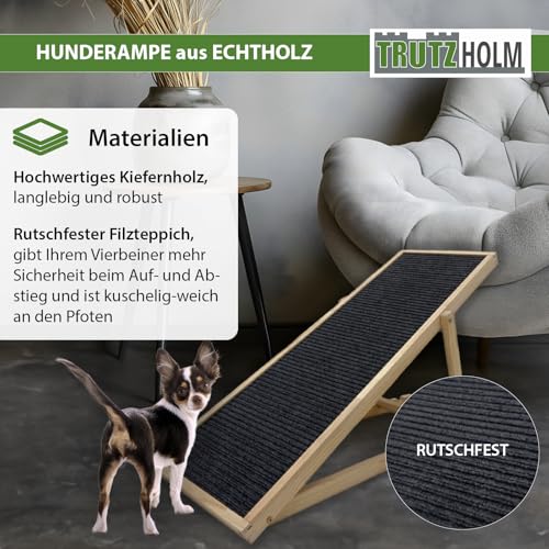 TRUTZHOLM Robuste Hunderampe aus Kiefernholz 104x35 cm höhenverstellbar 46/52/56 cm 35 kg Tragkraft weiche Lauffläche aus Filz Hundetreppe Hundeleiter Katzentreppe Haustierrampe Aufstiegshilfe