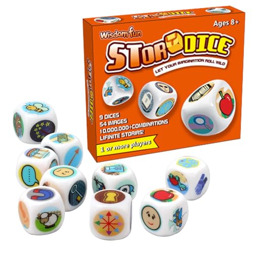 Story Time Dice, 9X Storytelling Cubes, 4,33 x 3,94 x 0,98 Pulgadas Endless Creative Narrative, 54 Iconic Image Dice, Imaginative Play, Fun Family Game for Kids and Adults