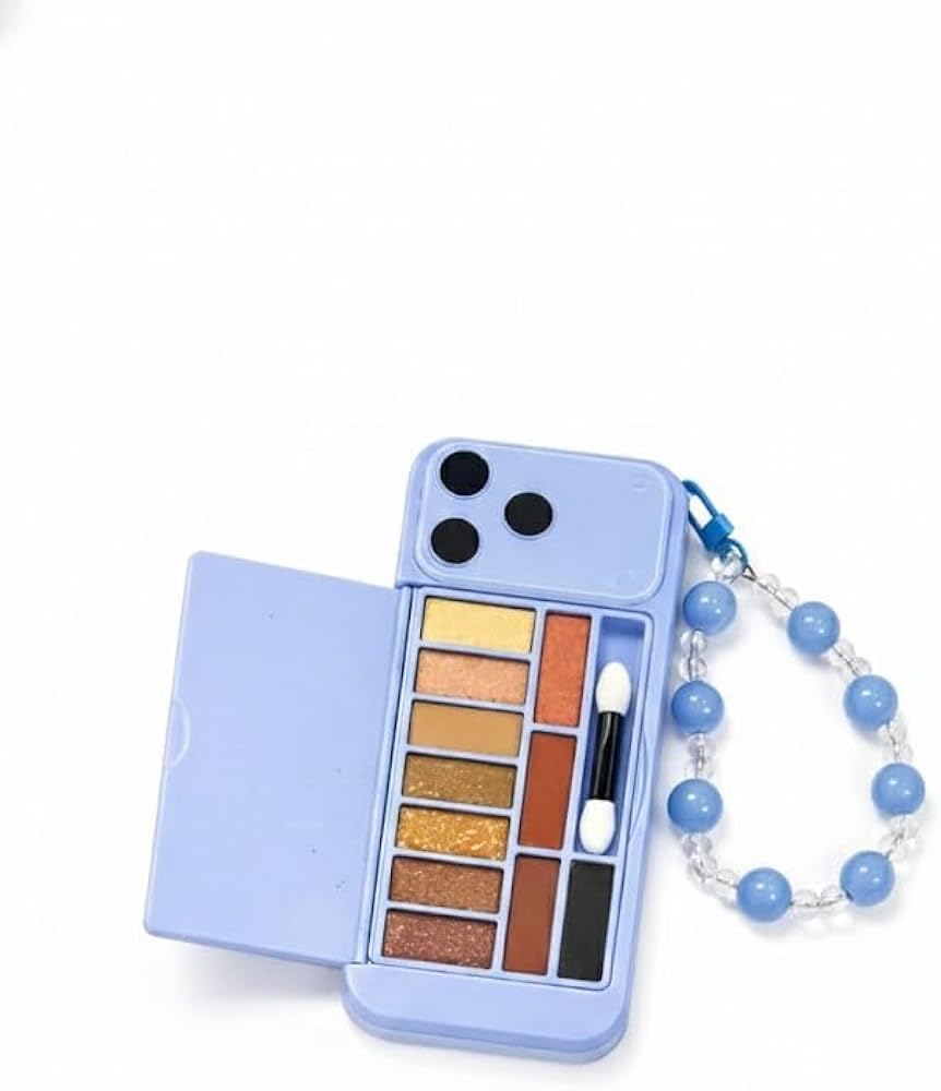Phone-Shaped Eyeshadow Palette, 10 Shades, Blue Case with Beaded Wrist Strap, Includes Applicator Brush 1 Pcs-image-5