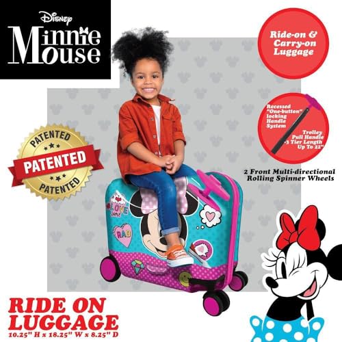 Disney Minnie Mouse Ride on Suitcase for Kids, 18'' Toddler Carry-On Luggage With Wheels, Cute Lightweight Kids Travel Suitcase Trolley3