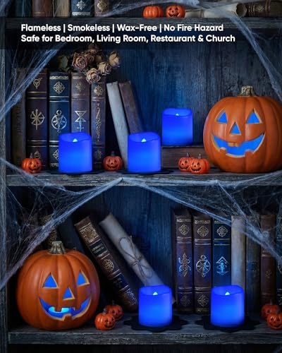 Image of Homemory 24Pack Blue Flickering Flameless Votive Candles, 200+Hour Electric Fake Candles, Battery Operated LED Tealight for Wedding, Outdoor, Table, Festival (Warm White,Battery Included)