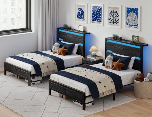 Image of Homkdom Twin Metal Bed Frame with LED Storage Headboard & USB Ports Black | Underbed Space for Robot Vacuum, Noise-Free Quiet Sleep Setup for Teens Room, College Dorms & Small Studio Apartments