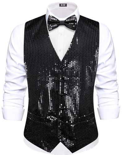 Gilet à paillettes brillantes homme noir 3XL avec nœud papillon