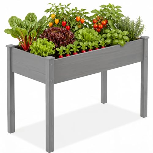 Image of DUMOS Raised Garden Bed 48x24x30 Inch, Outdoor Planter Box with Legs, Elevated Wood Garden Bed with Liner for Herbs Flowers Vegetables, Wooden Planter Box for Patio, Balcony and Backyard, Grey