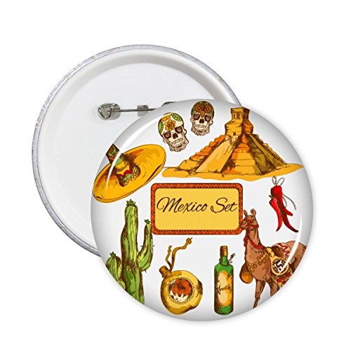Badge mexicain XXL en lot de 5 broches rondes cactus et chapeau sombrero pour vêtements