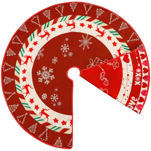 36-Tree-Skirt-Red-Double-Sided-Print-Mat-with-Snowflake-Reindeer-Love-Heart-Pattern-for-Holiday-Party-Decoration 36 Tree Skirt Red Double Sided Print Mat with Snowflake Reindeer Love Heart Pattern for Holiday Party Decoration