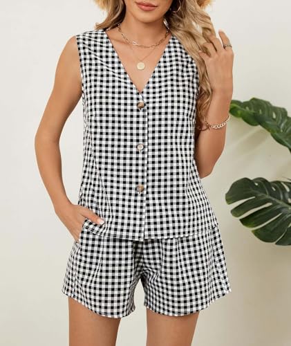 SEMATOMALA Women's Summer 2 Piece Outfits Sleeveless Gingham Vest and Shorts Beach Vacation Matching Sets3