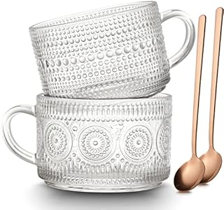 Mfacoy Vintage Coffee Mugs Set of 2, 14 oz Glass Coffee Tea Cups with Handle, Clear Embossed Glass Cups, Tea Cups, Glass Coffee Cups for Cappuccino, Latte, Cereal, Yogurt, Milk, Hot or Cold Beverages