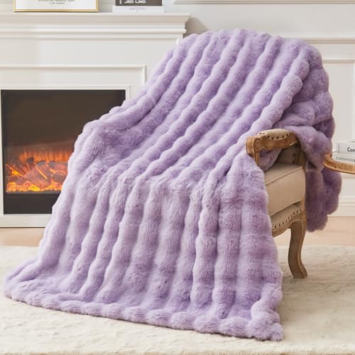 EMME Couverture en fausse fourrure à poils longs pour lit simple - Motif lapin à grosses bulles - 152,4 x 203,2 cm - Violet