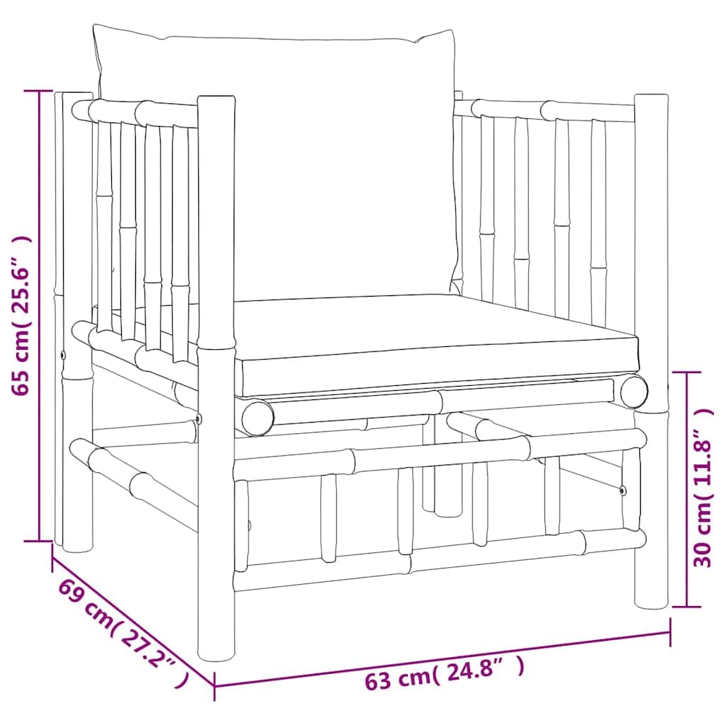 Bambusowy fotel ogrodowy z ciemnoszarymi poduszkami, 63 x 69 x 65 cm, modułowy leżak ogrodowy z wygodnymi poduszkami do siedzenia, meble ogrodowe na taras, balkon i zestaw wypoczynkowy