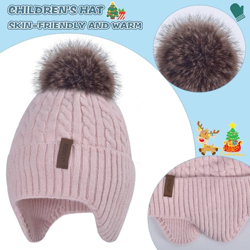 Image of Winter Hat Gloves Scarf Set for Kids Earflap Beanie with Cute Pom Knit Girls Children Baby Toddler Pink Warm Wool Fleece Lining 6 7 8 9 10 Years Old