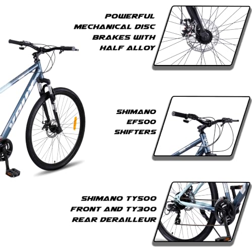 Image of Vaux City-Pro Hybrid Cycle for Adults with 21 Speed Shimano Gears| 19 Inch HI-Ten Steel Frame| Dual Disc Brakes| 700x35C Tyres|Double-Wall Alloy Rims(Nardo-Grey, Multispeed, Suspension Fork)