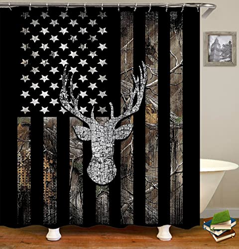 Camille&Andrew 4Pcs/Set Camo Shower Curtain, Black American Flag Elk Moose Wildlife Animal Hunting Woodland Rustic Cabin Country Farmhouse Bathroom Decor, Non-Slip Bath Rugs Toilet Mats, Deer Antler #TOP2