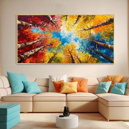 Peinture à l'huile sur toile arbre forêt d'automne décoration murale 3D 55x110cm
