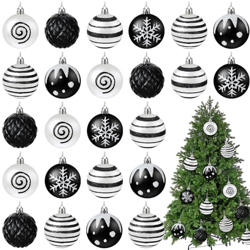 Knitgrip 24 Pcs 2.36 Inch Black White Christmas Tree Decorations Christmas Balls Ornaments Hanging Shatterproof Glittering Ornaments Xmas Trees Pendants for Indoor Outdoor Holiday Party Decoration