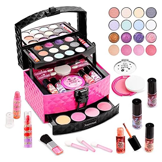 Amenvtool Lavable Maquillage Enfant Jouet pour Fille, 30 Pcs Jouets Cosmétiques, Coffret Maquillage Enfant Filles Makeup Set, Cadeau de Noël Anniversaire Jouet pour Princesse fille 3 4 5 6 7+ Ans