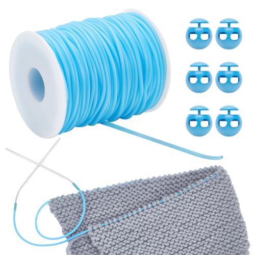 NBEADS 55 Yards Stitch Keeping Cords 2mm Hollow Rubber Tubing Knitting Barber Cord Stitch Keeper with 6 Pcs 0.22 Inch Hole Cord Locks for Holding Stitches Bracelet Necklace Beading Deep Sky Blue