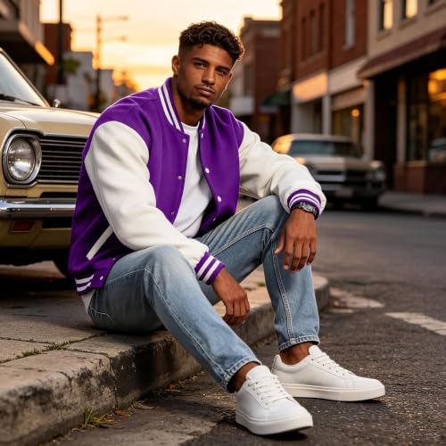 Varsity Jacket for Men Button Down Fleece Streetwear Bomber Jacket - image 4